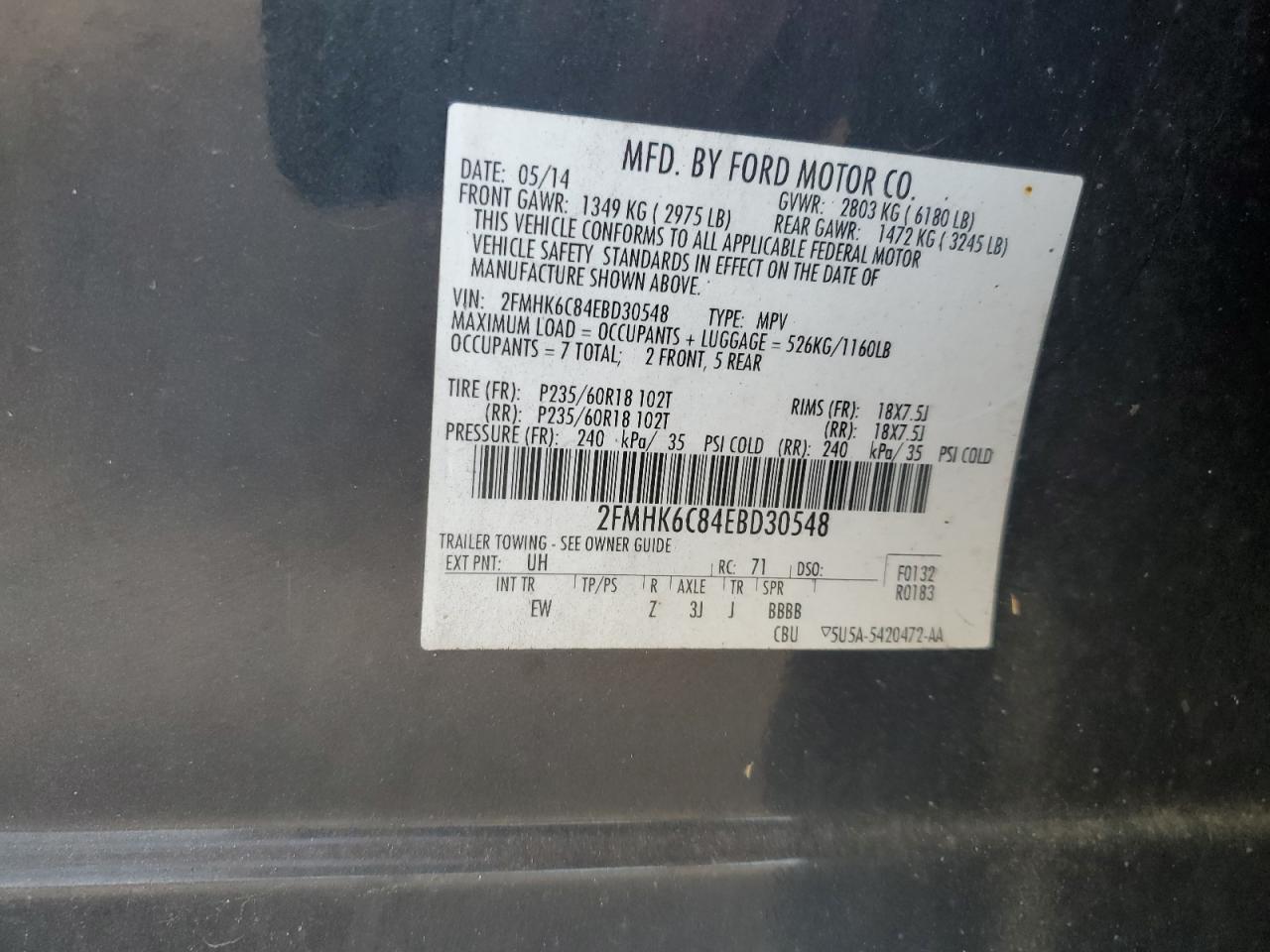 2014 Ford Flex Sel VIN: 2FMHK6C84EBD30548 Lot: 62128034