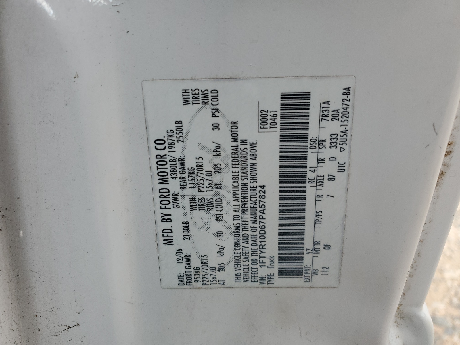 1FTYR10D67PA57824 2007 Ford Ranger