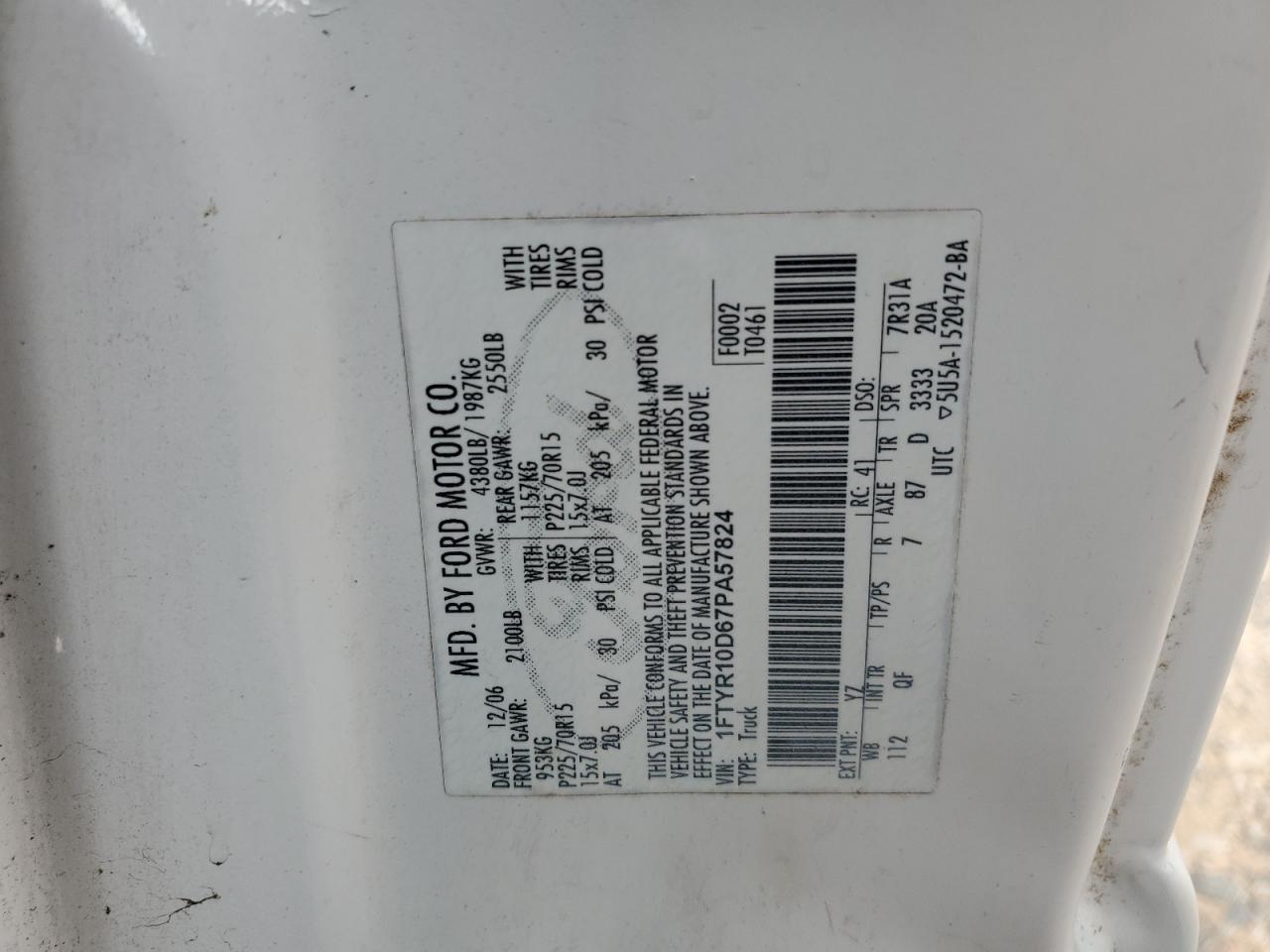 2007 Ford Ranger VIN: 1FTYR10D67PA57824 Lot: 62065434