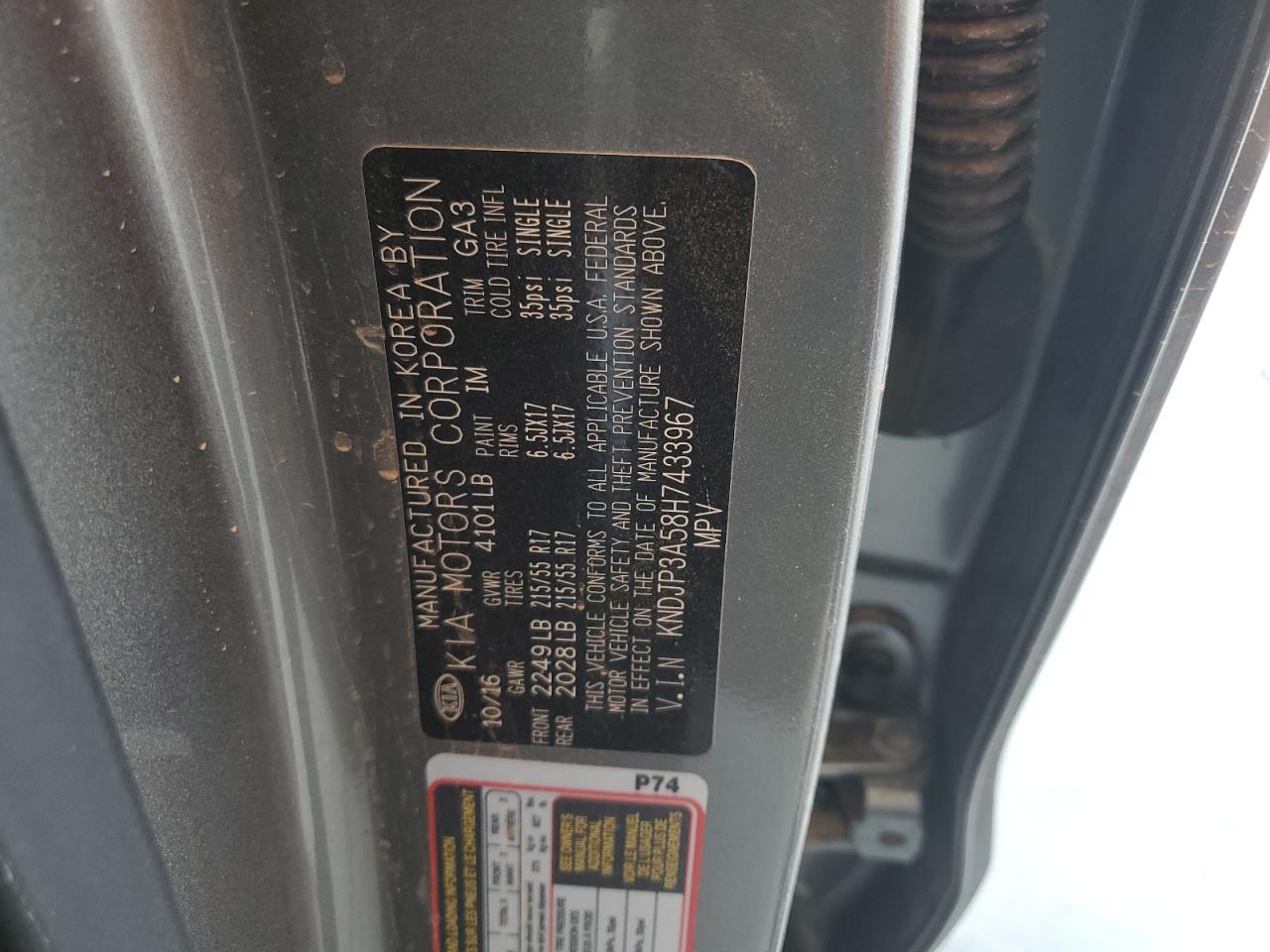 2017 Kia Soul + VIN: KNDJP3A58H7433967 Lot: 64389934