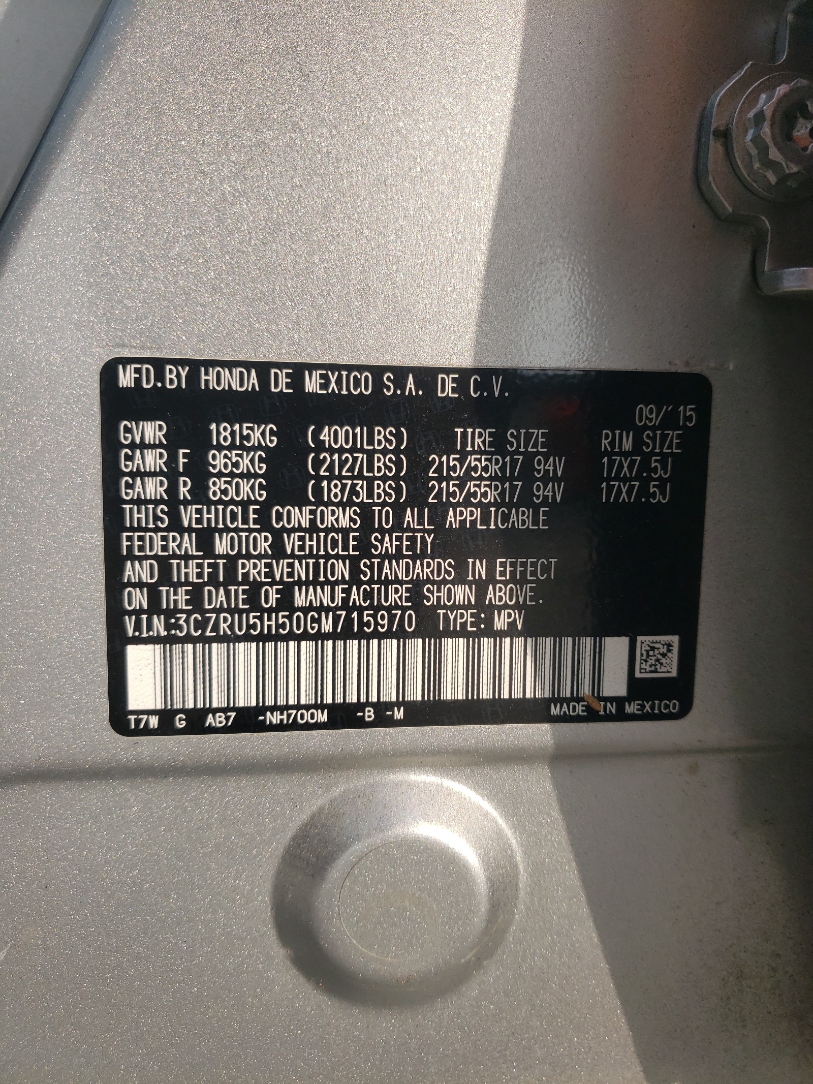 3CZRU5H50GM715970 2016 Honda Hr-V Ex