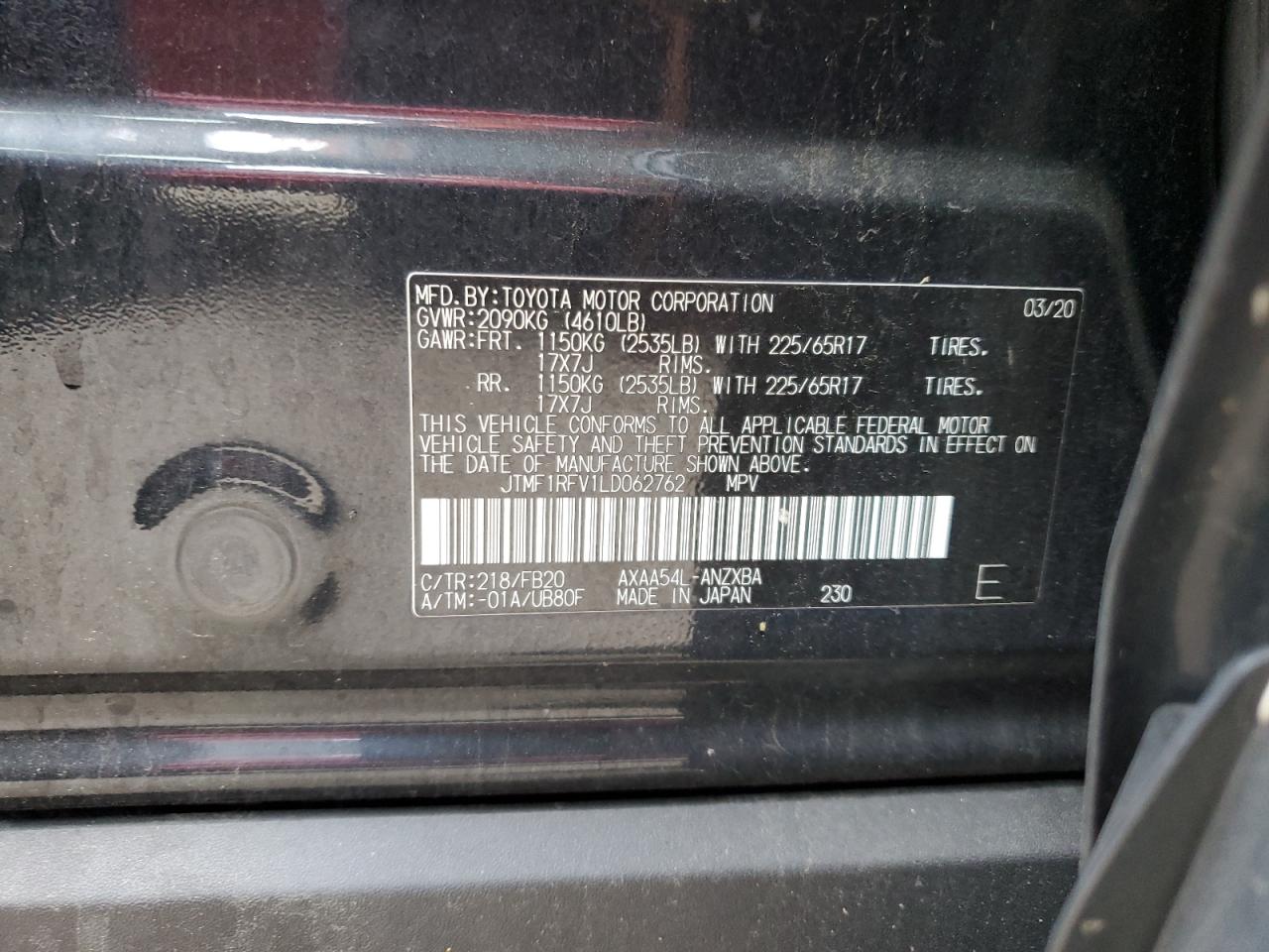 2020 Toyota Rav4 Le VIN: JTMF1RFV1LD062762 Lot: 62931394