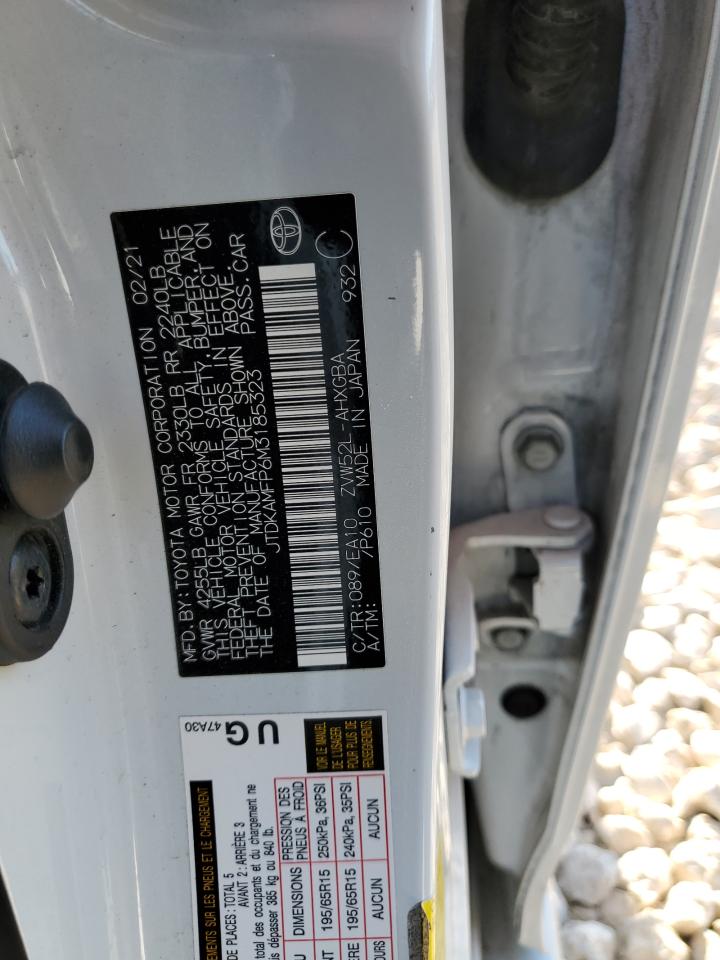 2021 Toyota Prius Prime Le VIN: JTDKAMFP6M3185323 Lot: 61689394