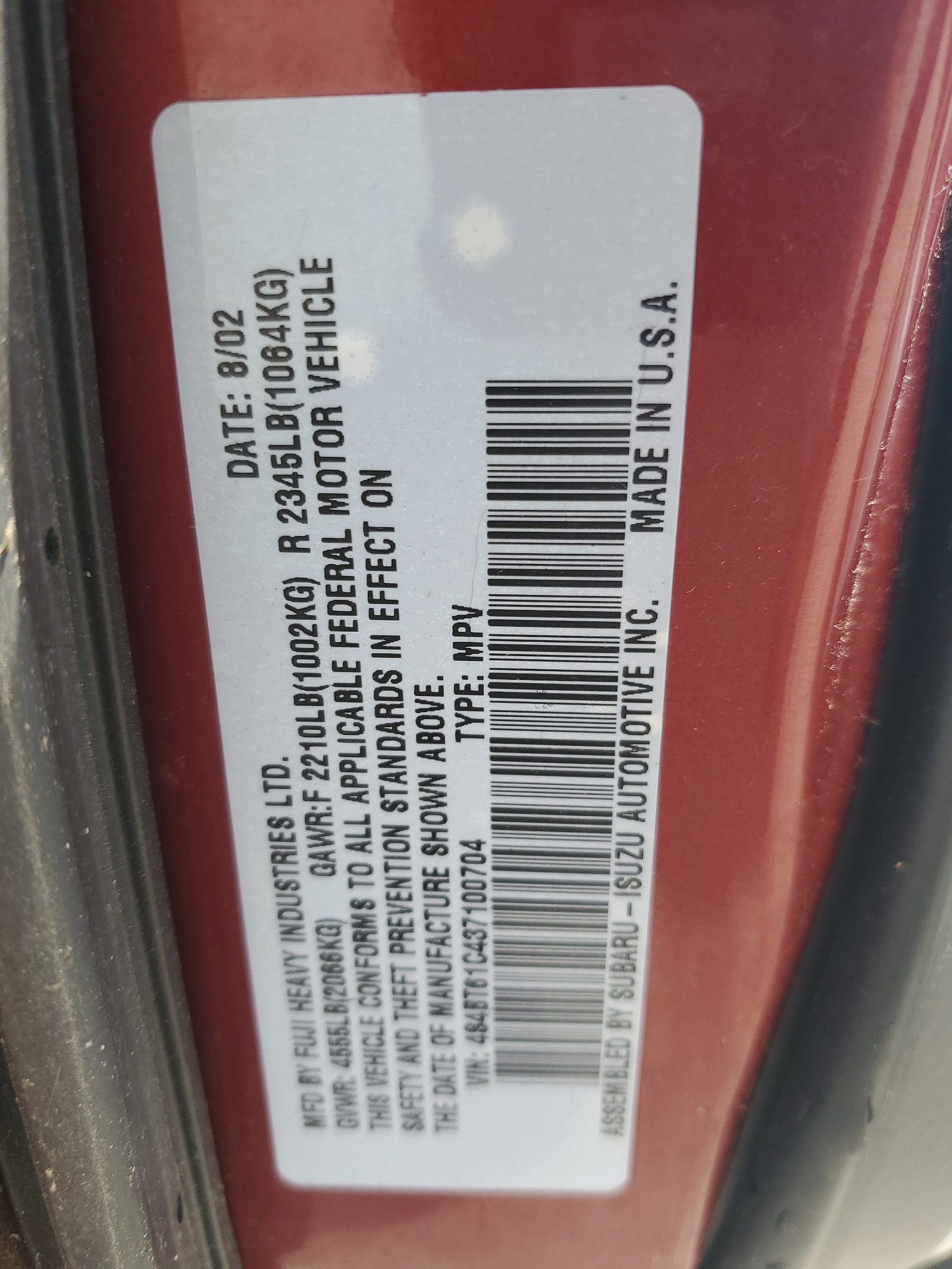 4S4BT61C437100704 2003 Subaru Baja