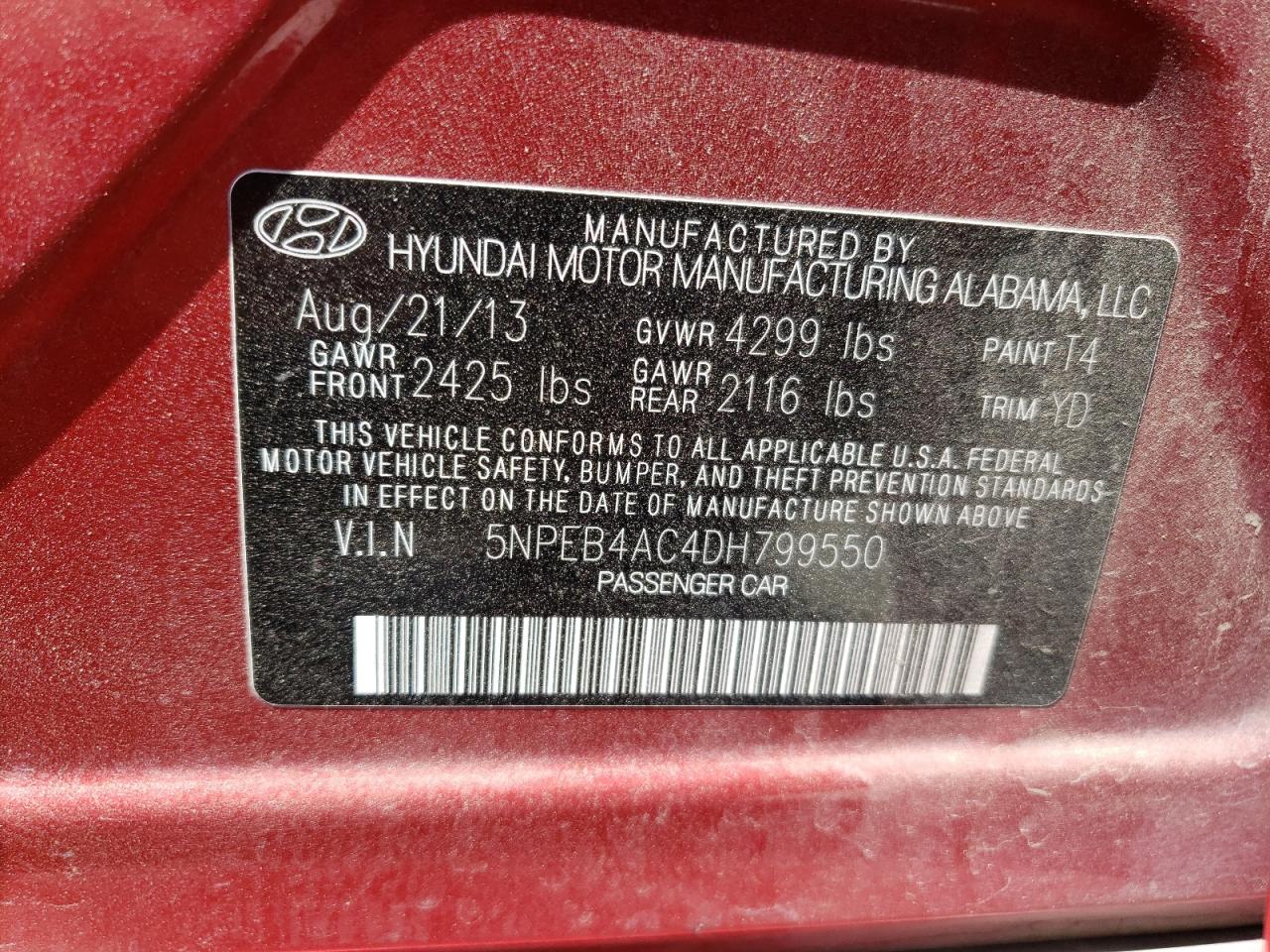 2013 Hyundai Sonata Gls VIN: 5NPEB4AC4DH799550 Lot: 63083264