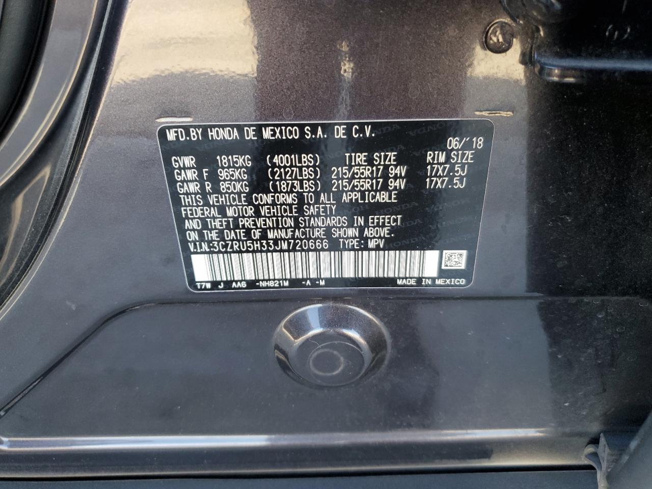 2018 Honda Hr-V Lx VIN: 3CZRU5H33JM720666 Lot: 63792404