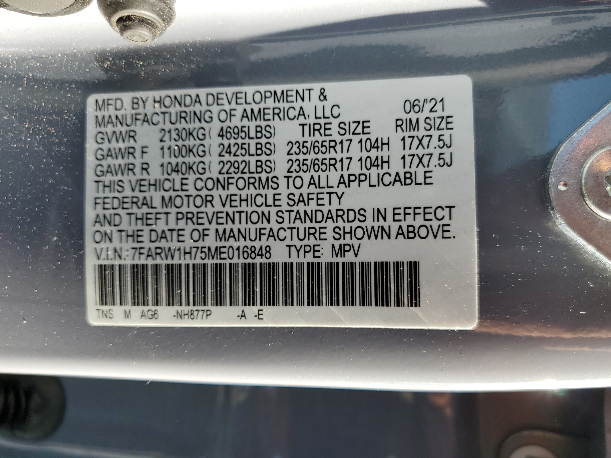 7FARW1H75ME016848 2021 Honda Cr-V Se