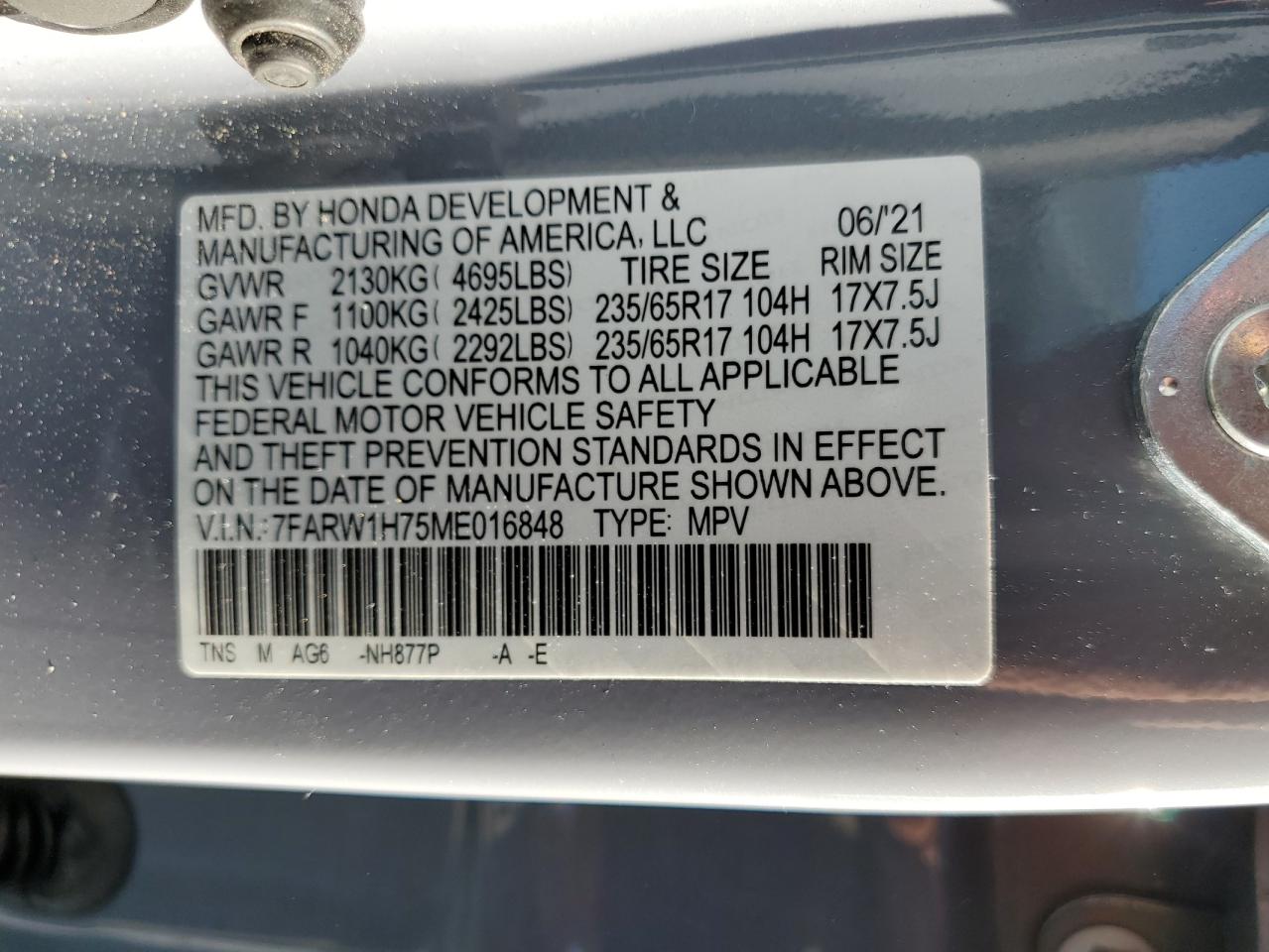 2021 Honda Cr-V Se VIN: 7FARW1H75ME016848 Lot: 65399864