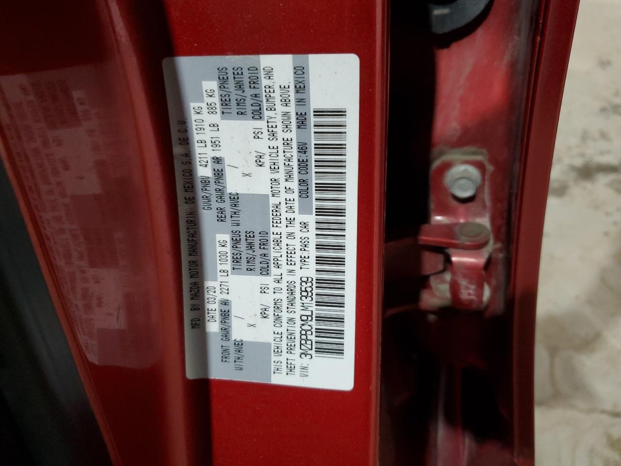 2020 Mazda 3 Select VIN: 3MZBPBCM9LM139539 Lot: 64029114