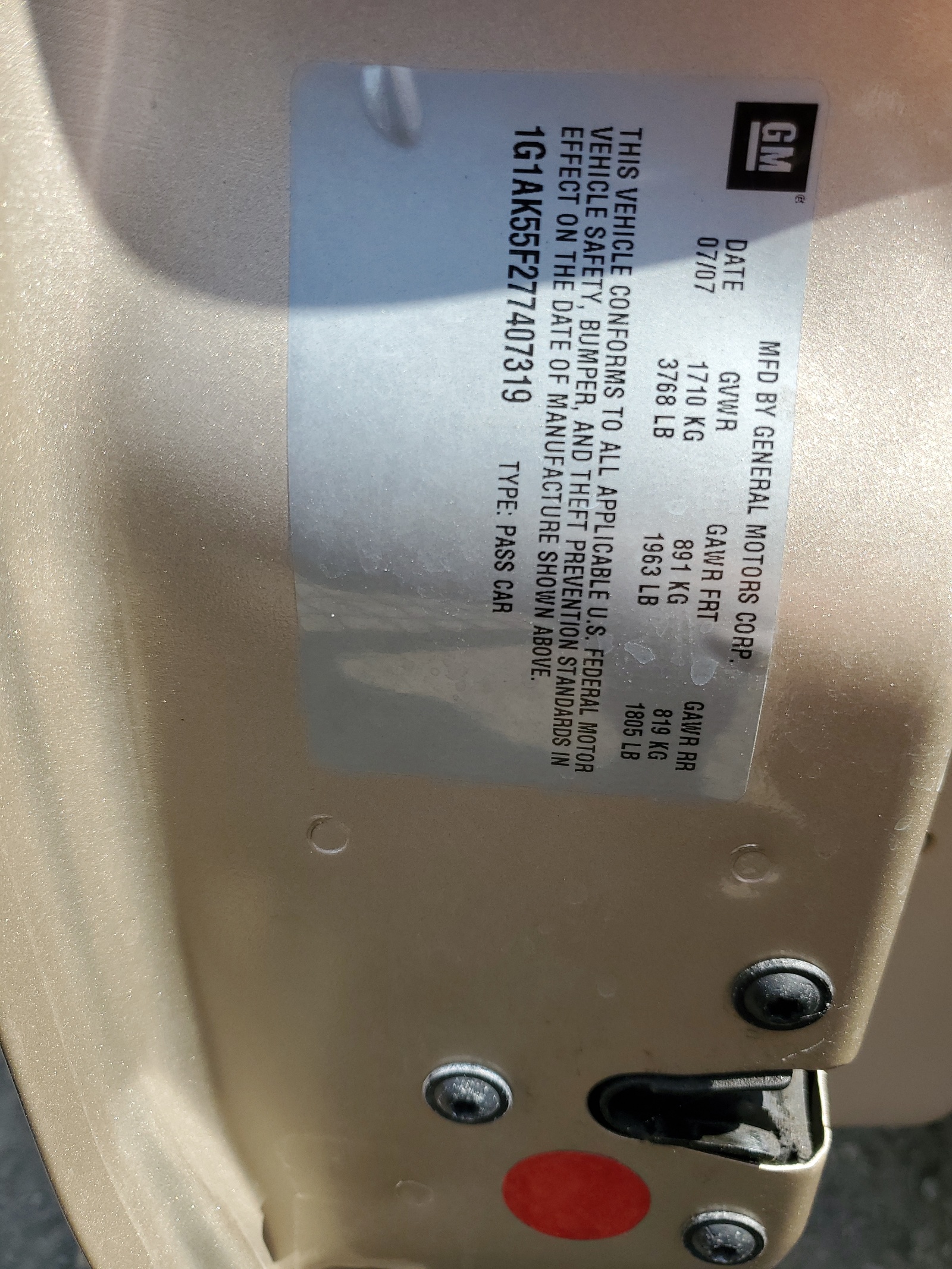 1G1AK55F277407319 2007 Chevrolet Cobalt Ls