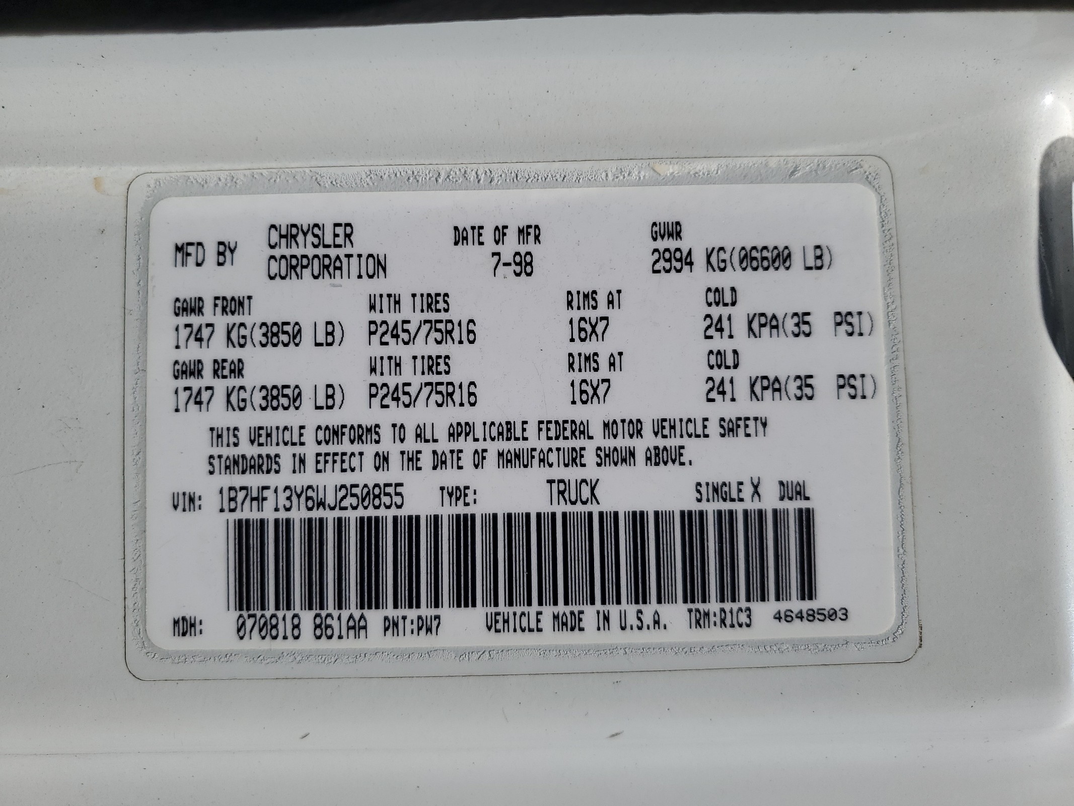 1B7HF13Y6WJ250855 1998 Dodge Ram 1500