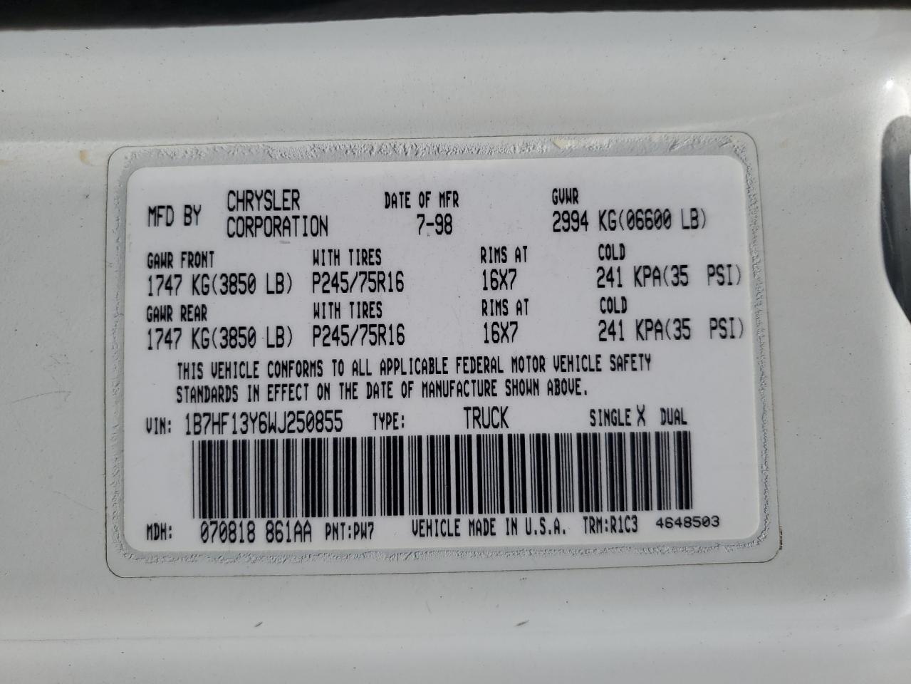 1998 Dodge Ram 1500 VIN: 1B7HF13Y6WJ250855 Lot: 65293714