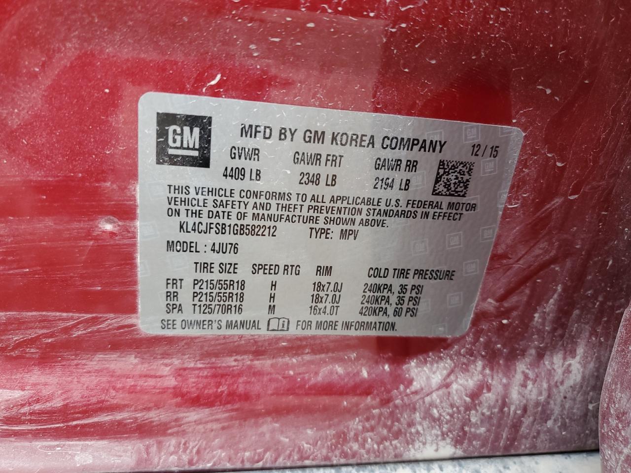 2016 Buick Encore Convenience VIN: KL4CJFSB1GB582212 Lot: 61235004