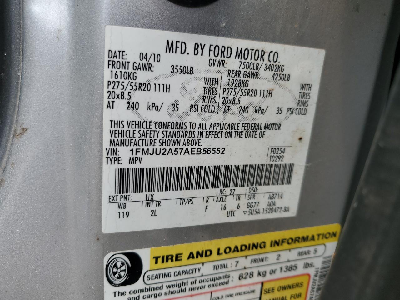 2010 Ford Expedition Limited VIN: 1FMJU2A57AEB56552 Lot: 64220154