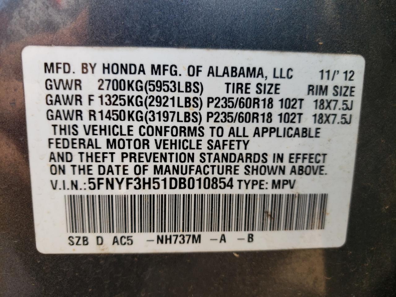 2013 Honda Pilot Exl VIN: 5FNYF3H51DB010854 Lot: 62735124