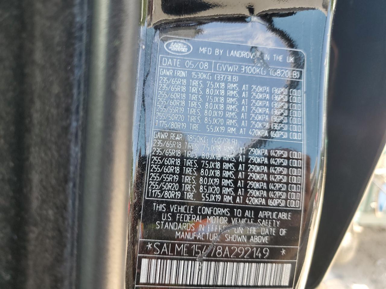 2008 Land Rover Range Rover Hse VIN: SALME15478A292149 Lot: 64034974