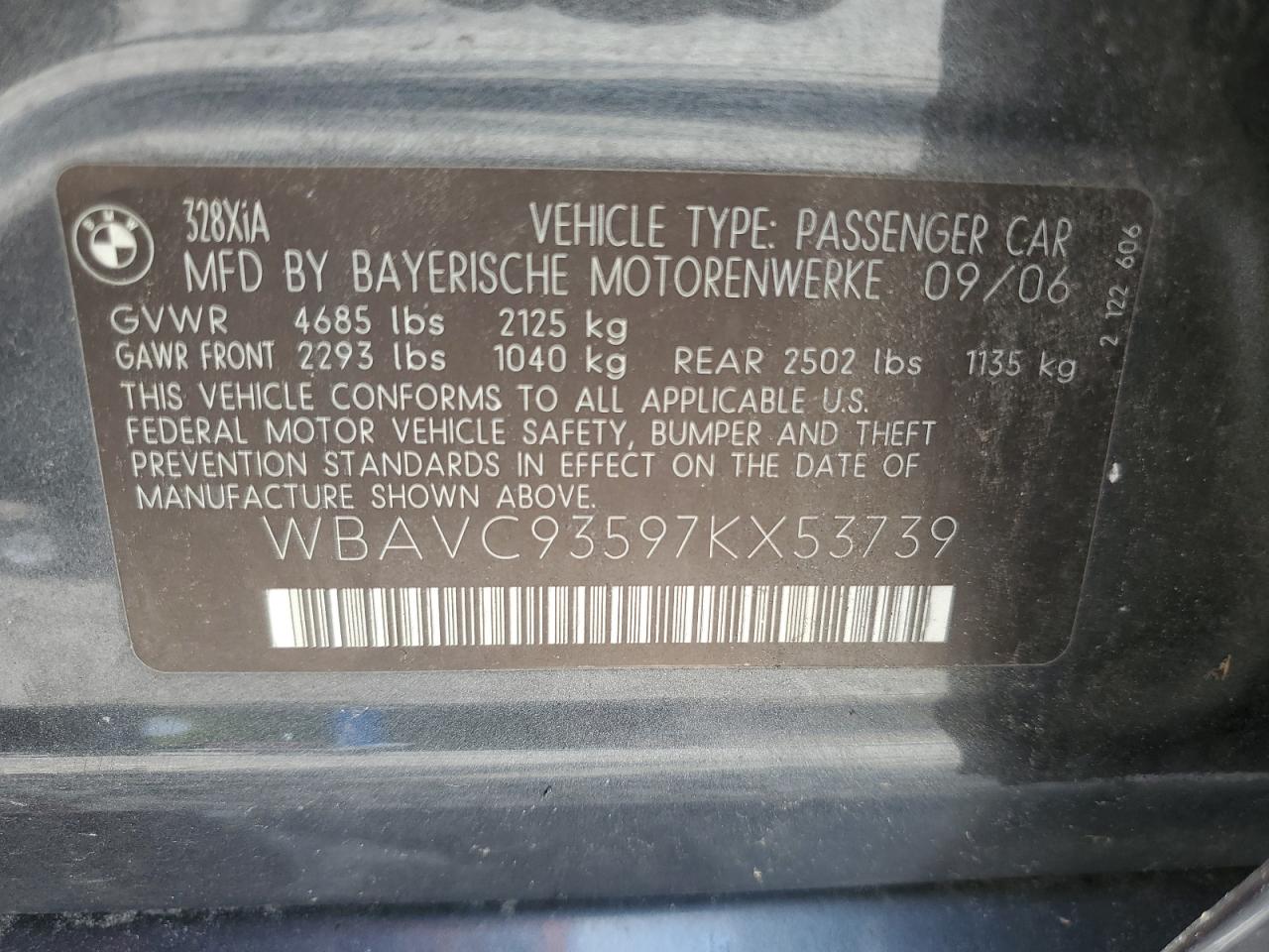 2007 BMW 328 Xi VIN: WBAVC93597KX53739 Lot: 65645334