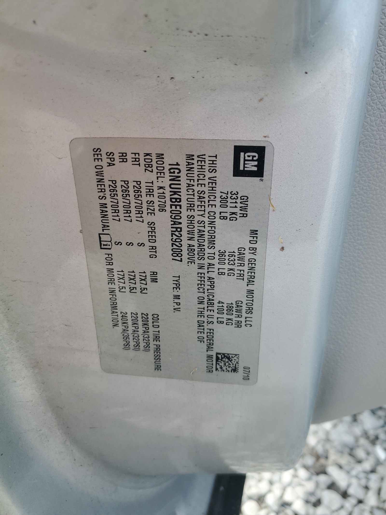 1GNUKBE09AR292087 2010 Chevrolet Tahoe K1500 Lt