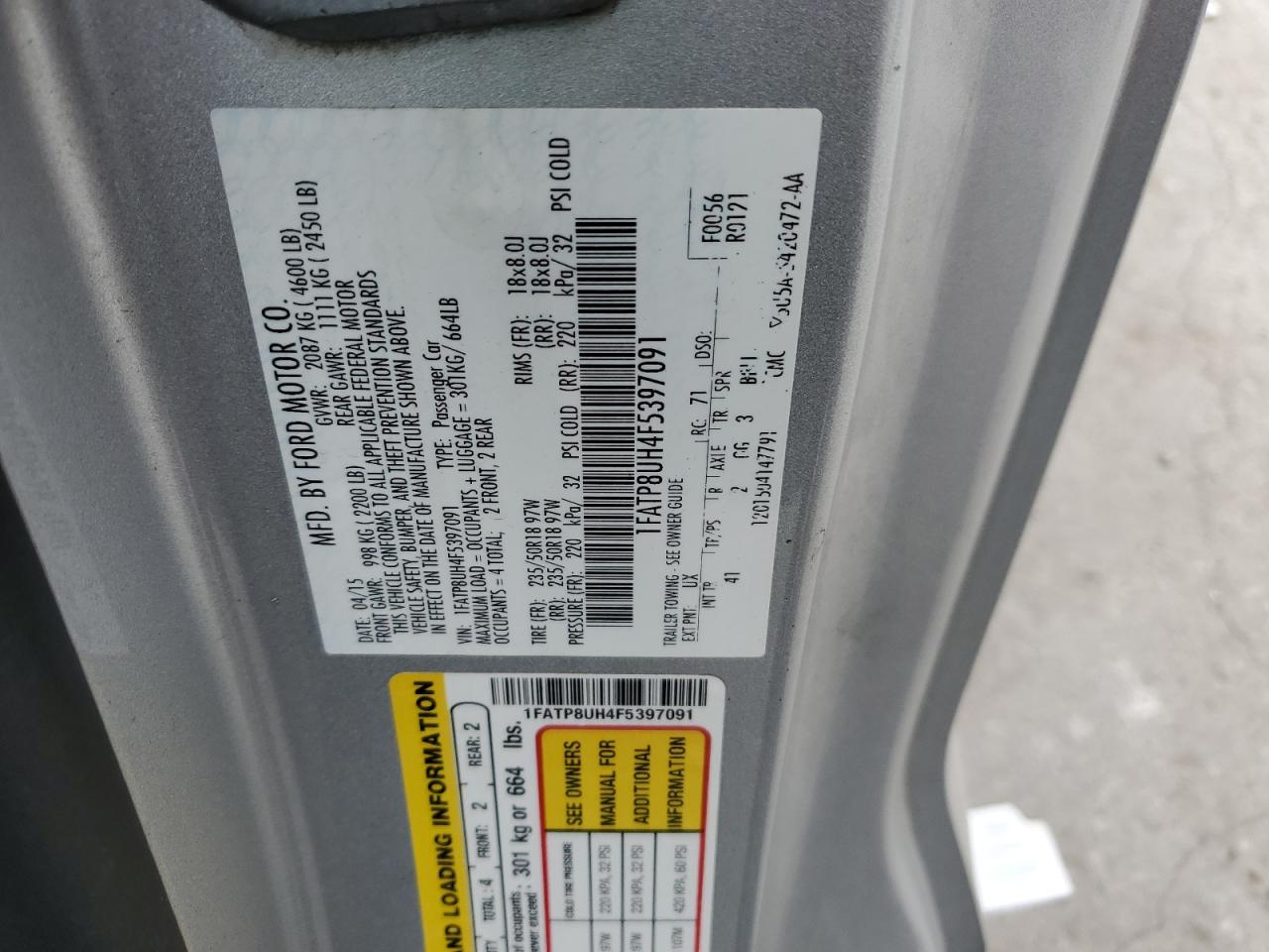 2015 Ford Mustang VIN: 1FATP8UH4F5397091 Lot: 64250634