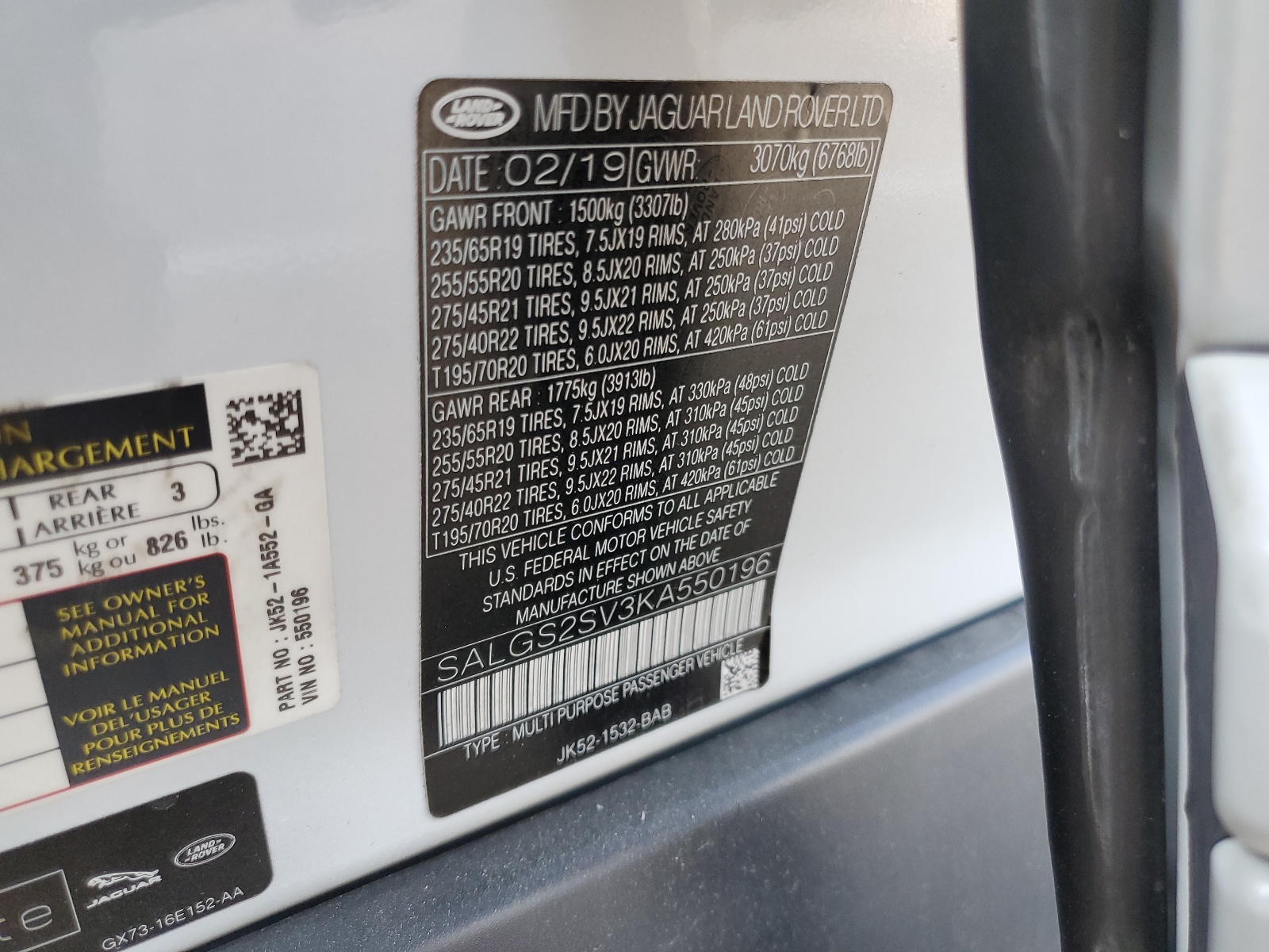 SALGS2SV3KA550196 2019 Land Rover Range Rover Hse