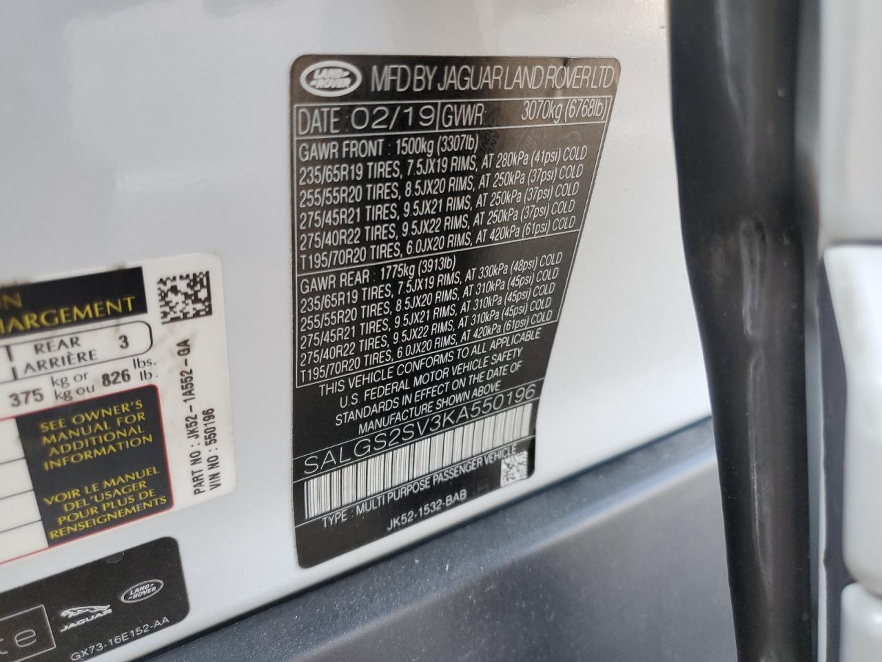 2019 Land Rover Range Rover Hse VIN: SALGS2SV3KA550196 Lot: 62898494