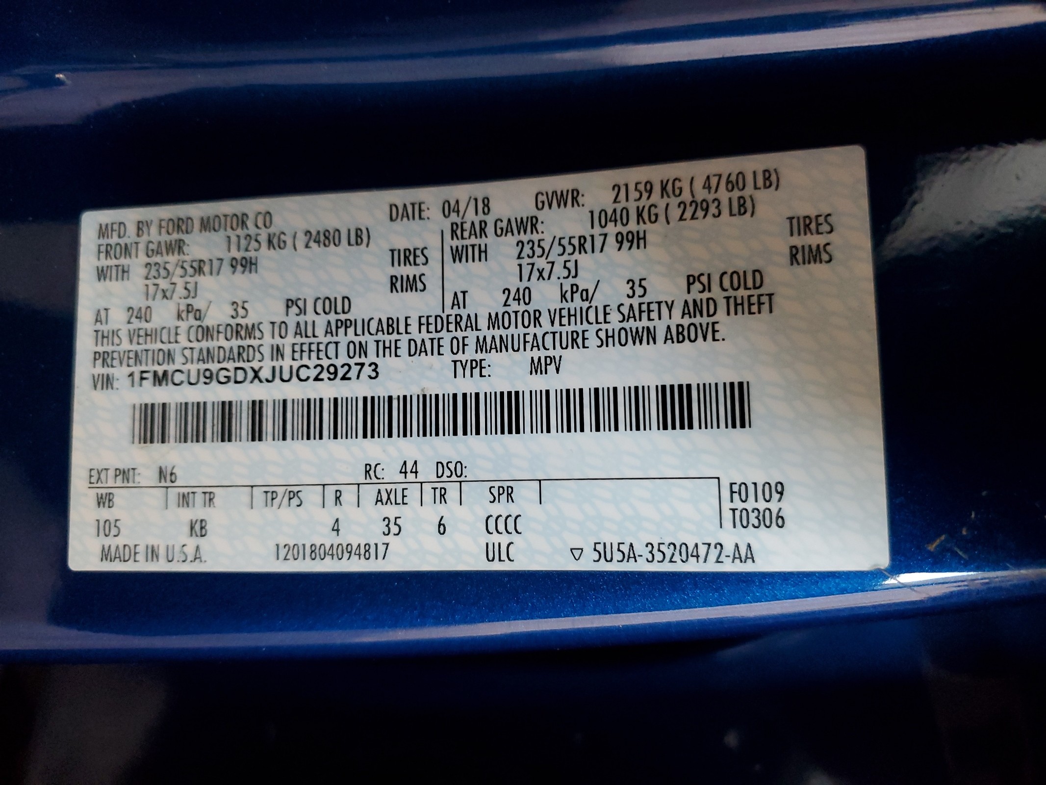 1FMCU9GDXJUC29273 2018 Ford Escape Se