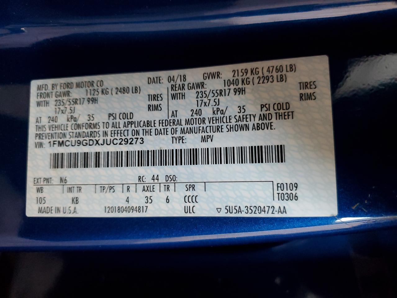 2018 Ford Escape Se VIN: 1FMCU9GDXJUC29273 Lot: 65104124