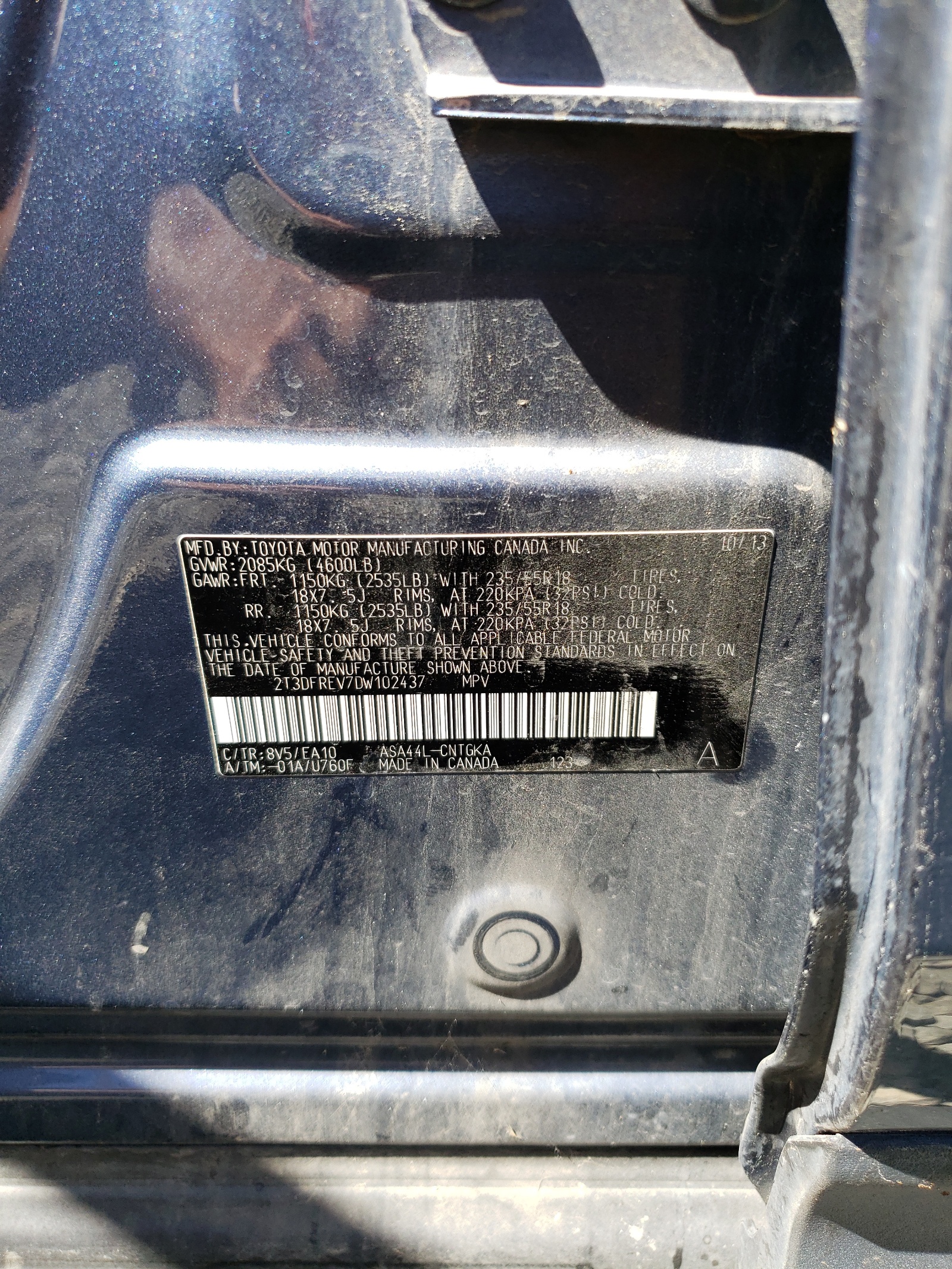 2T3DFREV7DW102437 2013 Toyota Rav4 Limited