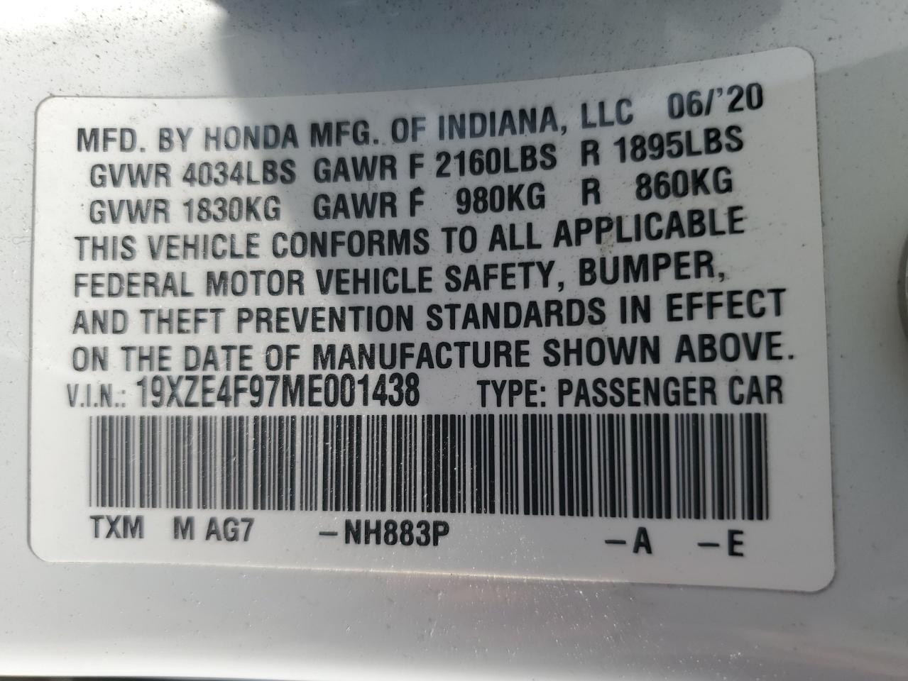 2021 Honda Insight Touring VIN: 19XZE4F97ME001438 Lot: 65430894