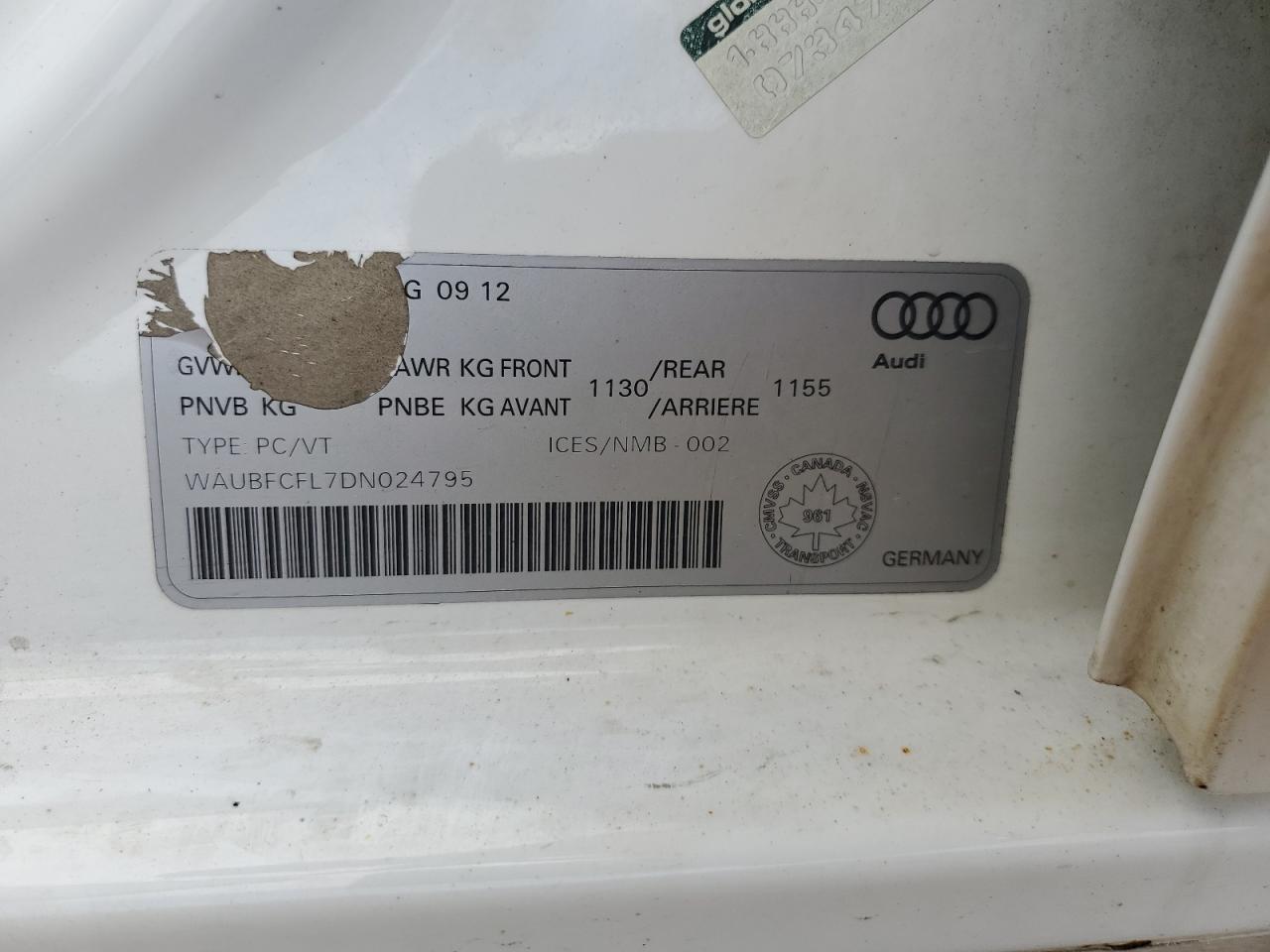 2013 Audi A4 Premium VIN: WAUBFCFL7DN024795 Lot: 62185894