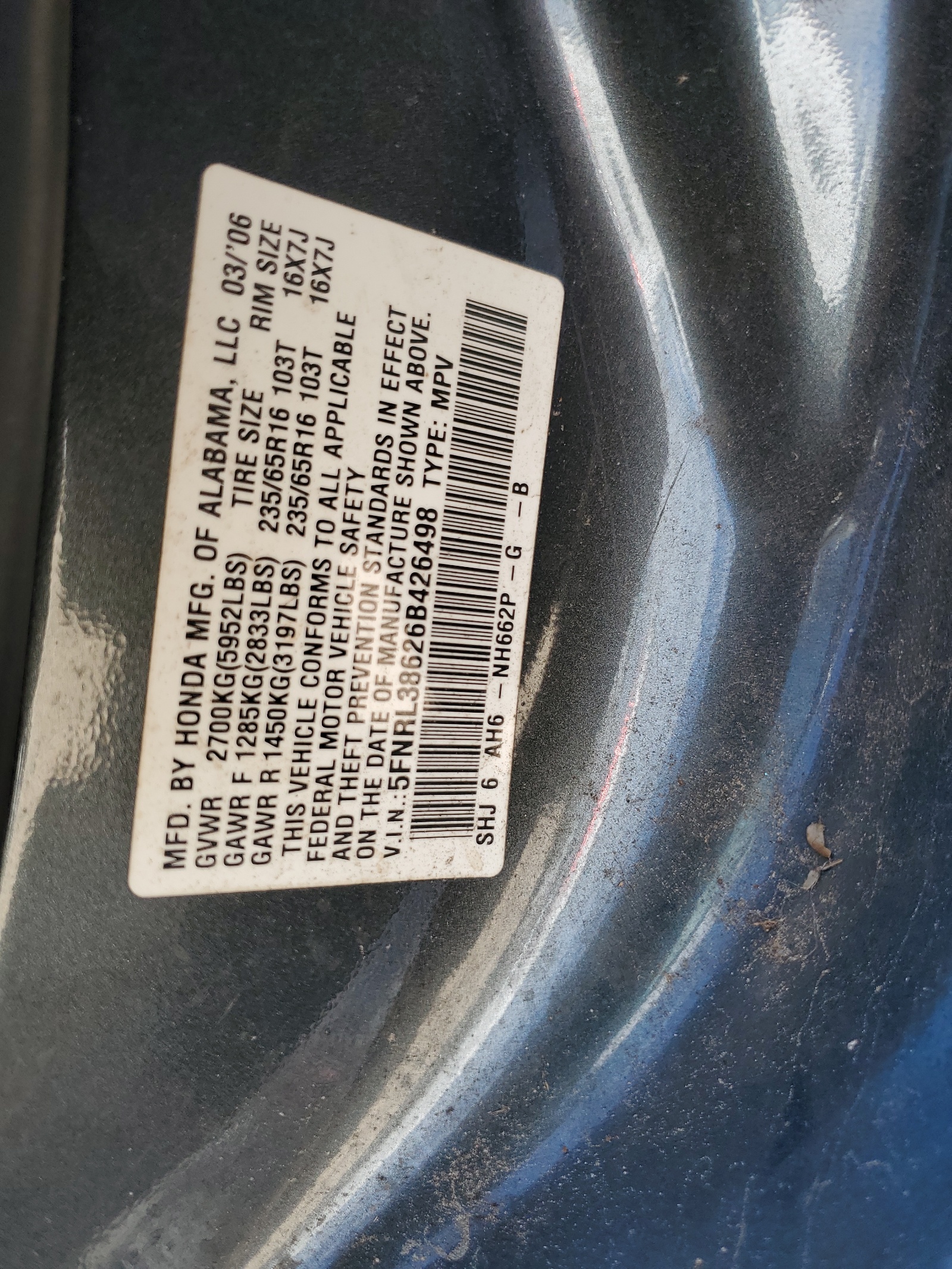 5FNRL38626B426498 2006 Honda Odyssey Exl
