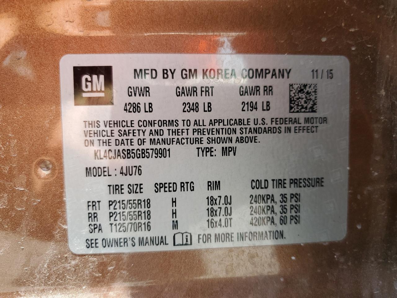 2016 Buick Encore VIN: KL4CJASB5GB579901 Lot: 61497564