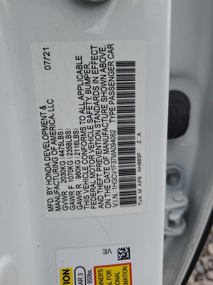 2021 Honda Accord Sport VIN: 1HGCV1F37MA094062 Lot: 63889524