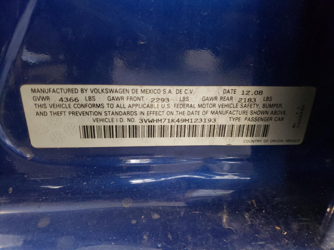 2009 Volkswagen Jetta S VIN: 3VWHM71K49M123193 Lot: 63861604