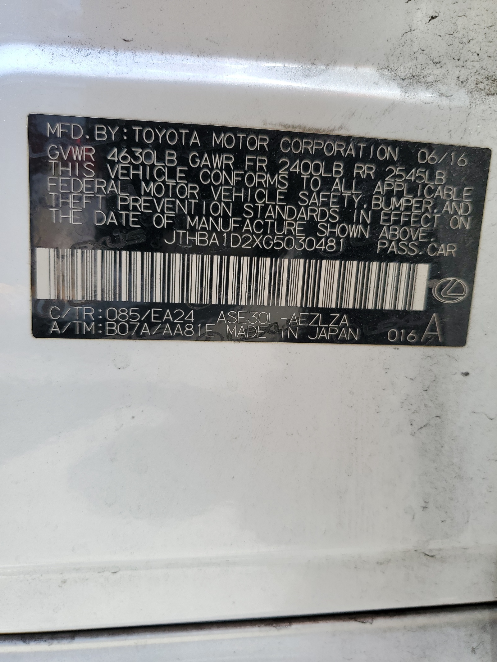 JTHBA1D2XG5030481 2016 Lexus Is 200T