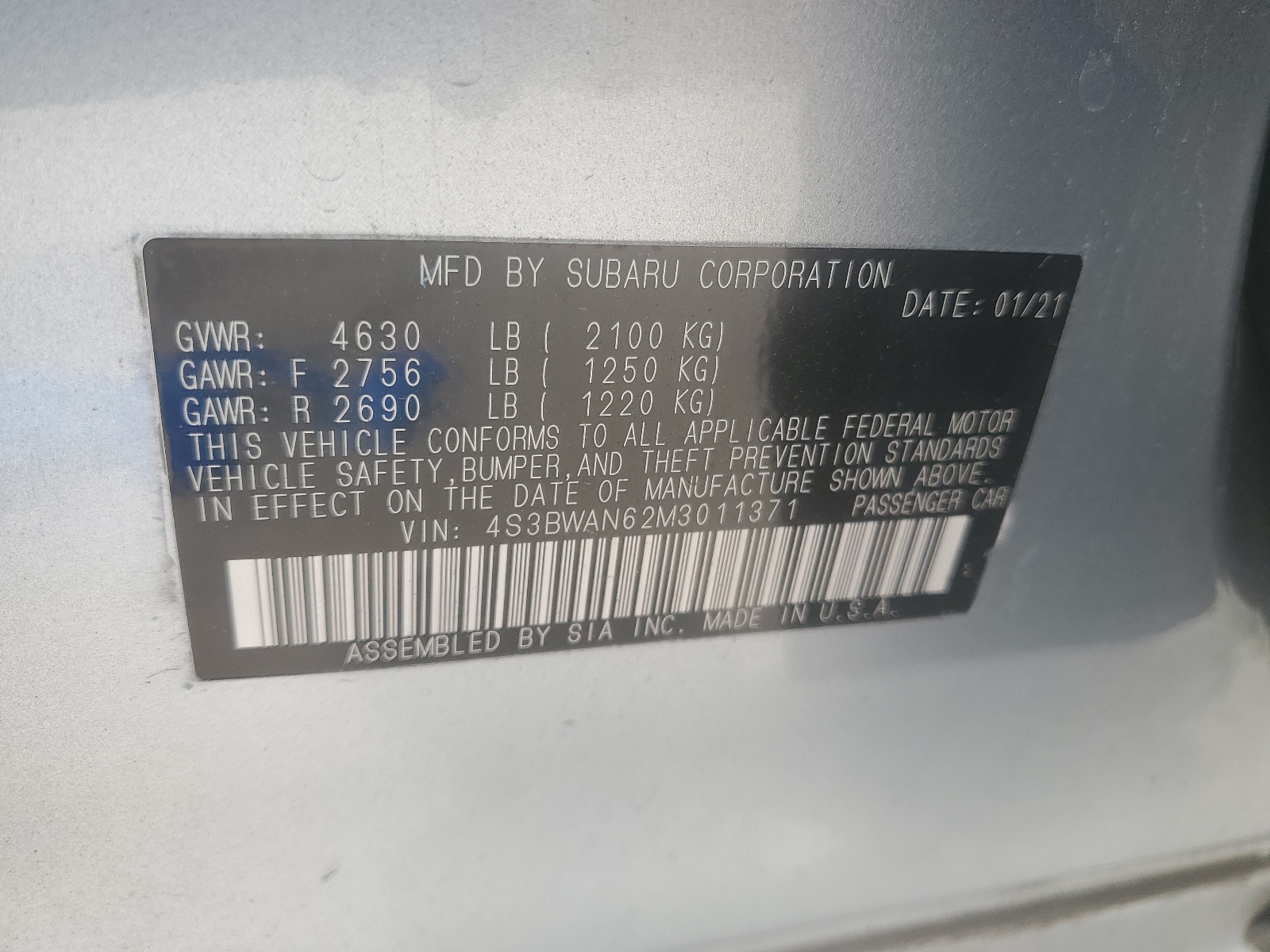 4S3BWAN62M3011371 2021 Subaru Legacy Limited