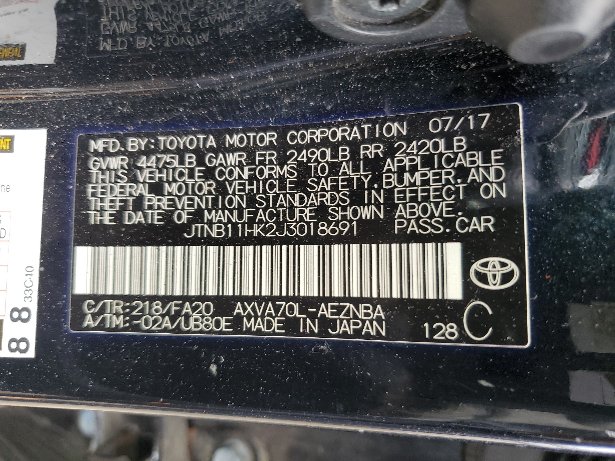 2018 Toyota Camry L vin: JTNB11HK2J3018691