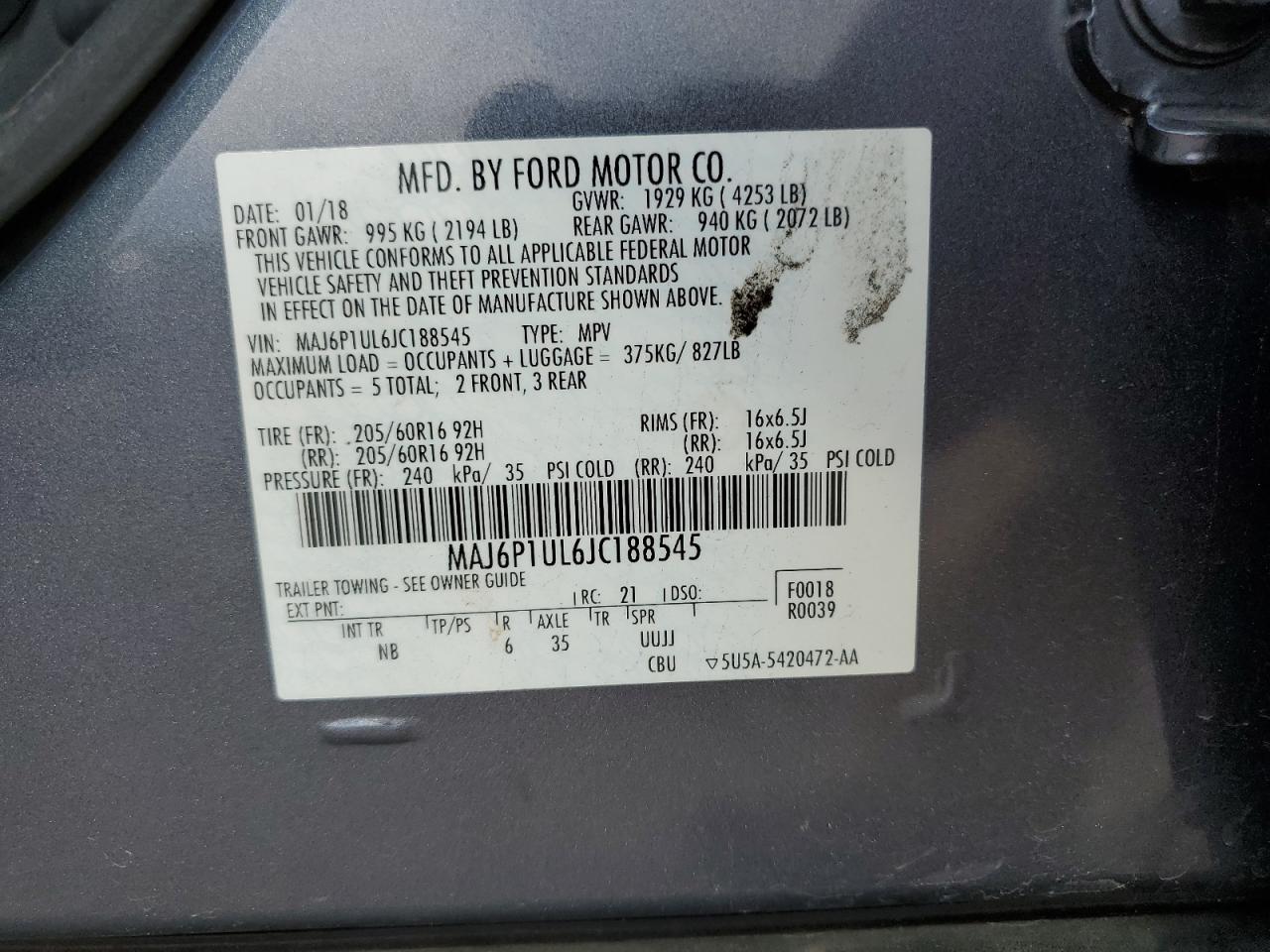 2018 Ford Ecosport Se VIN: MAJ6P1UL6JC188545 Lot: 64104844