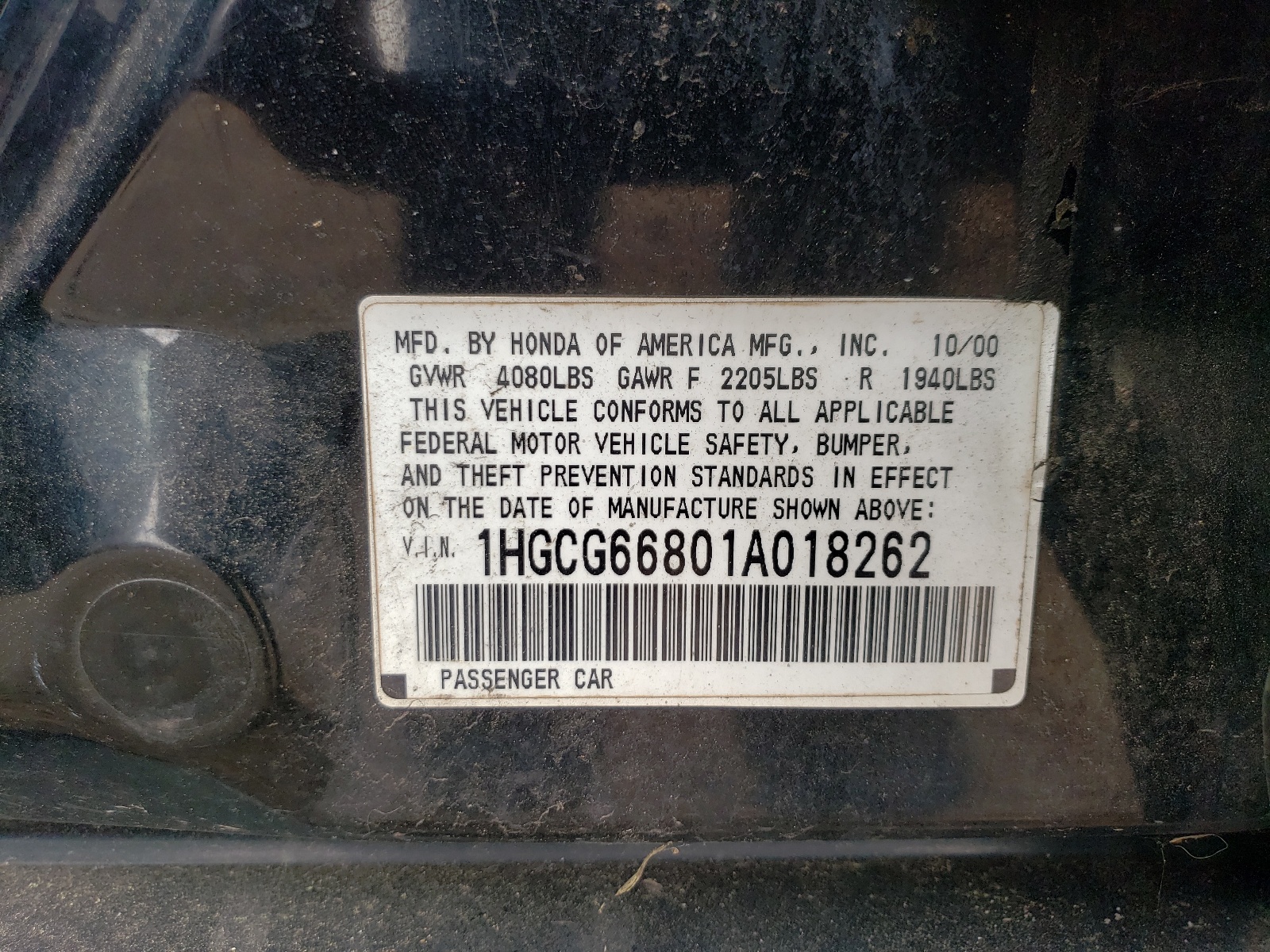 1HGCG66801A018262 2001 Honda Accord Ex