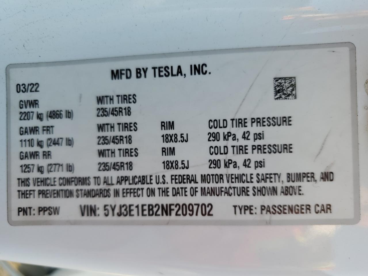 2022 Tesla Model 3 VIN: 5YJ3E1EB2NF209702 Lot: 61555744