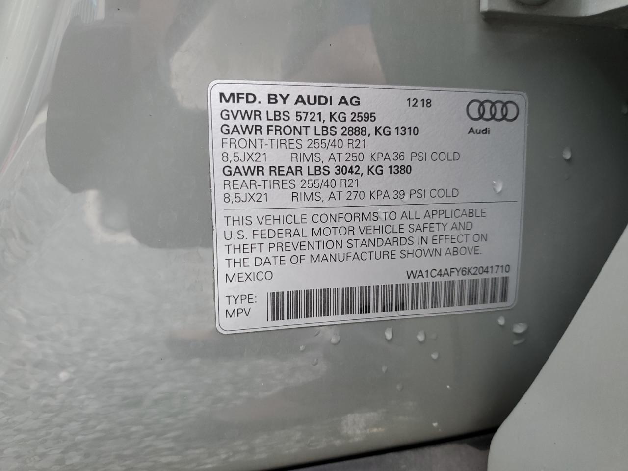 2019 Audi Sq5 Prestige VIN: WA1C4AFY6K2041710 Lot: 63610754