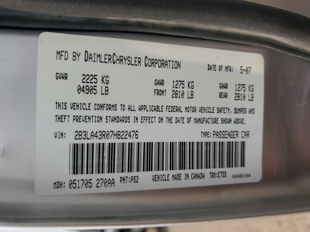 2007 Dodge Charger Se VIN: 2B3LA43R07H822476 Lot: 64313774