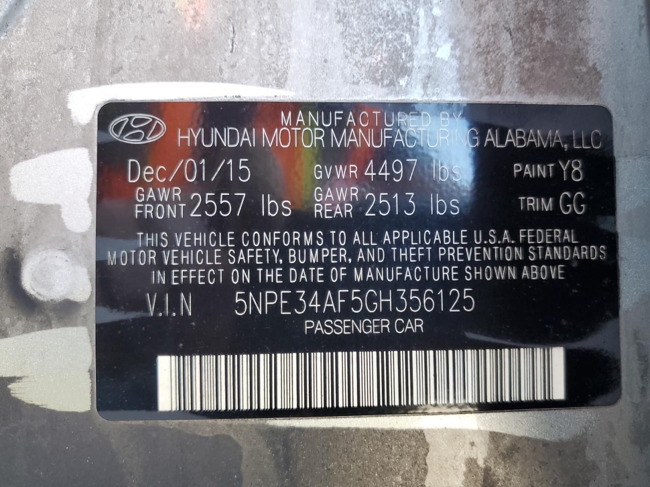 VIN 5NPE34AF5GH356125 2016 HYUNDAI SONATA no.12