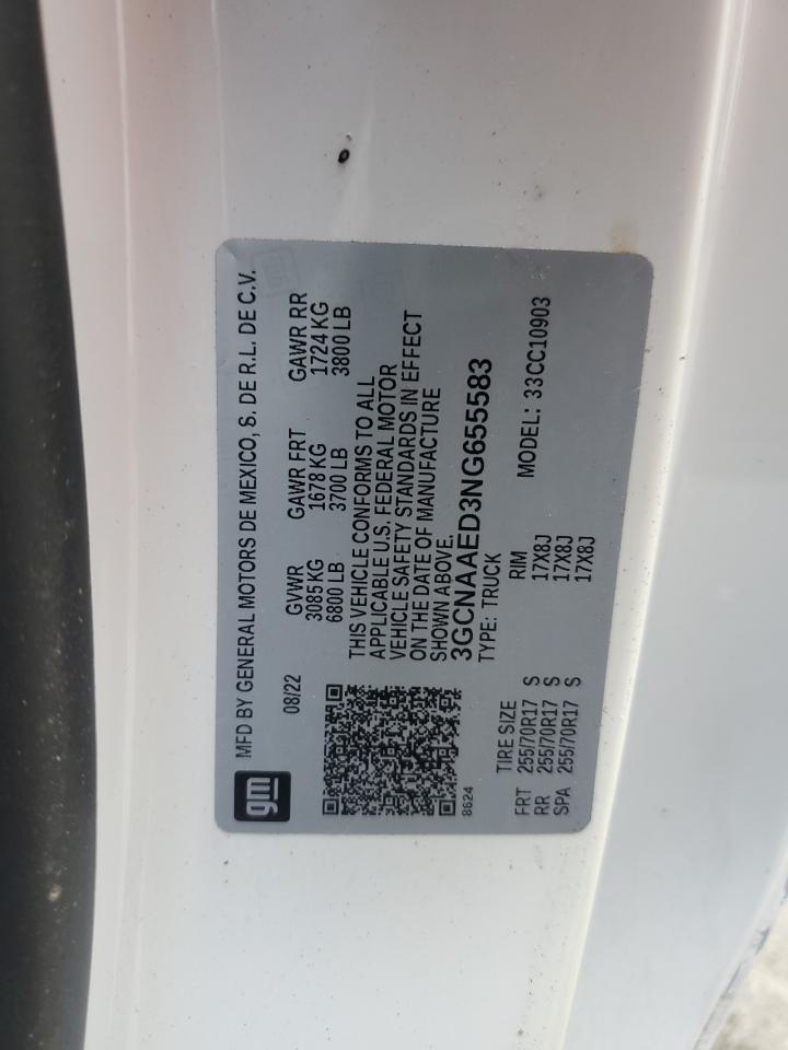 2022 Chevrolet Silverado C1500 VIN: 3GCNAAED3NG655583 Lot: 65068144