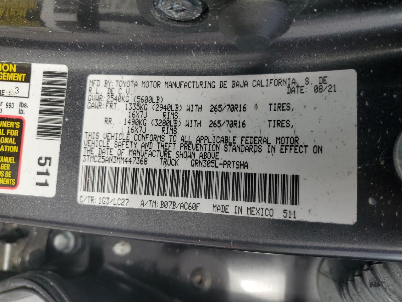 2021 Toyota Tacoma Double Cab VIN: 3TMCZ5AN3MM447368 Lot: 63668004