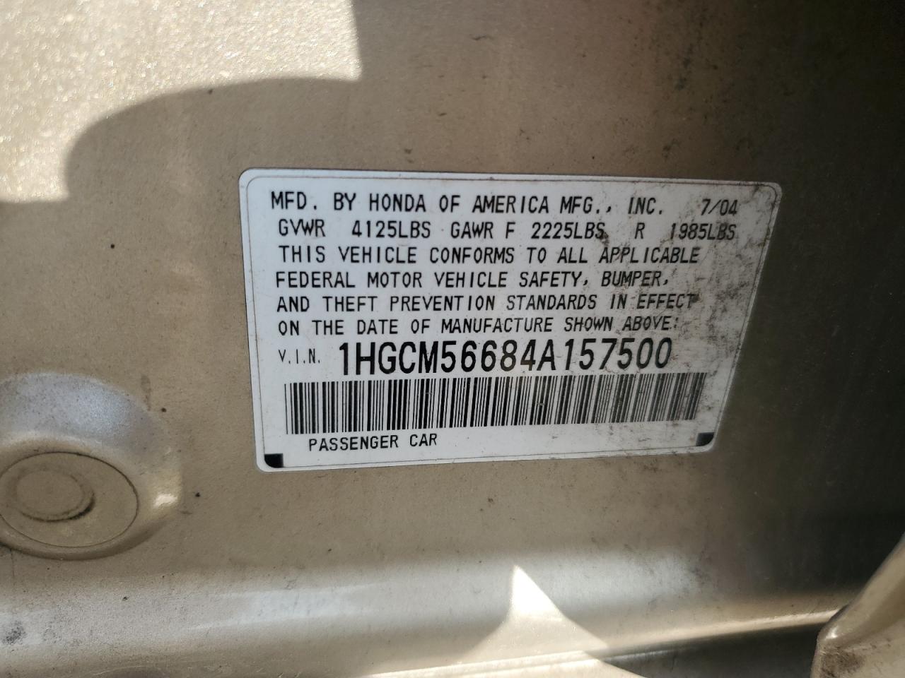 2004 Honda Accord Ex VIN: 1HGCM56684A157500 Lot: 64779374