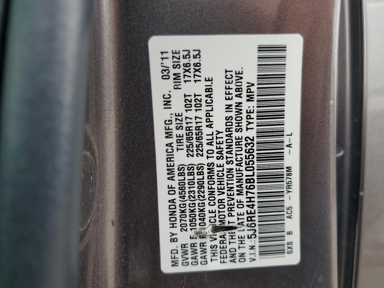 2011 Honda Cr-V Exl VIN: 5J6RE4H76BL055632 Lot: 64397924