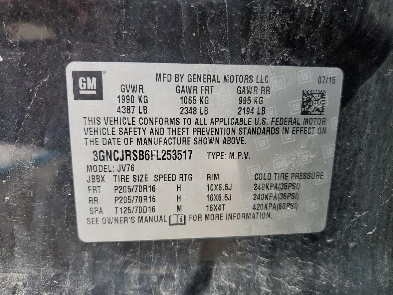 2015 Chevrolet Trax 1Lt VIN: 3GNCJRSB6FL253517 Lot: 64967434