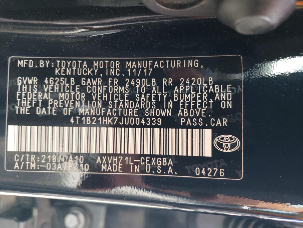 4T1B21HK7JU004339 2018 Toyota Camry Hybrid