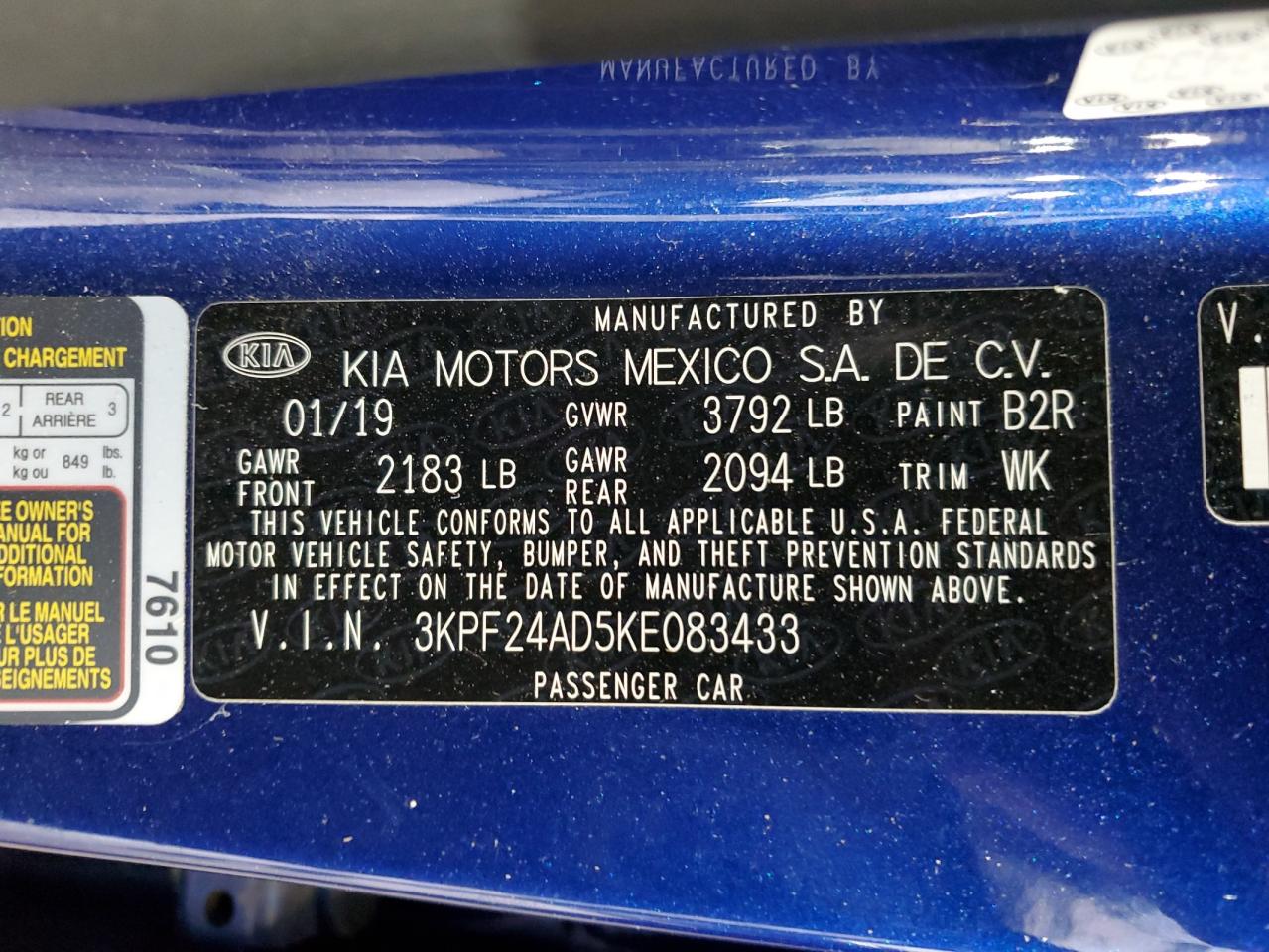 2019 Kia Forte Fe VIN: 3KPF24AD5KE083433 Lot: 62690644